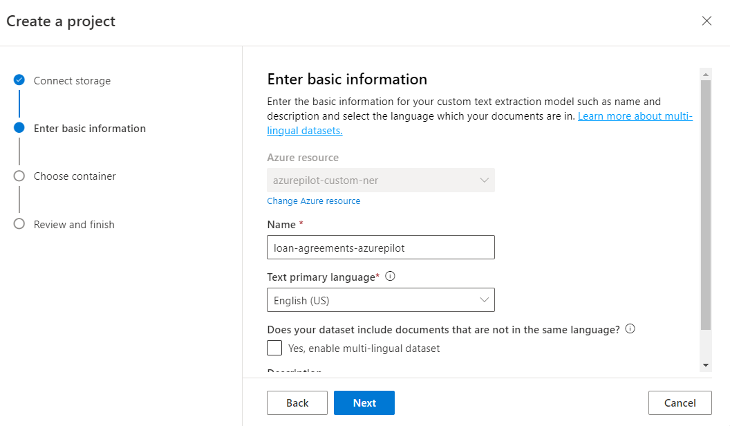 NER Project name & language while creating the project